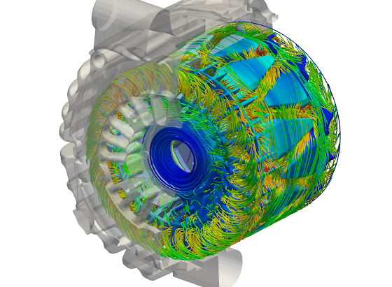 CFD simulation results showing flow streamlines in/around the fan of an electric motor assembly