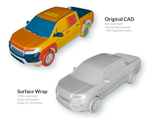 Image showing Surface wrapping a vehicle CAD model consisting of about 650 separate sheets. Surface wrap took approximately 30 seconds in this case