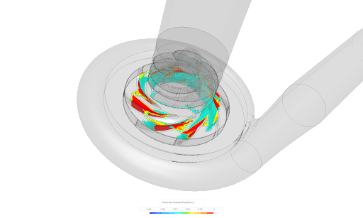 Image showing a cavitation simulation of a centrifugal pump with total gas volume fraction 3D contours shown.  mesh refinement capability applied