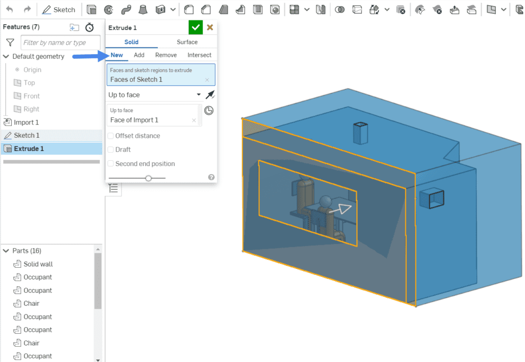 extrude operation on onshape to create a flow region