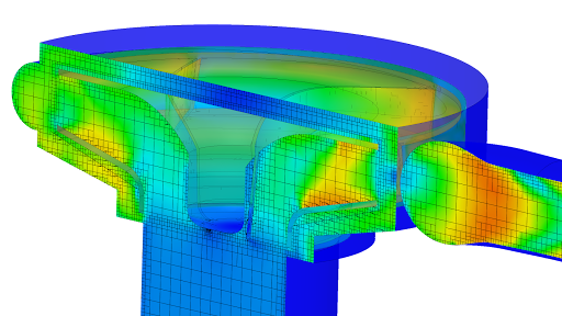 Flow velocity contours within the impeller and with more detail on the corresponding mesh