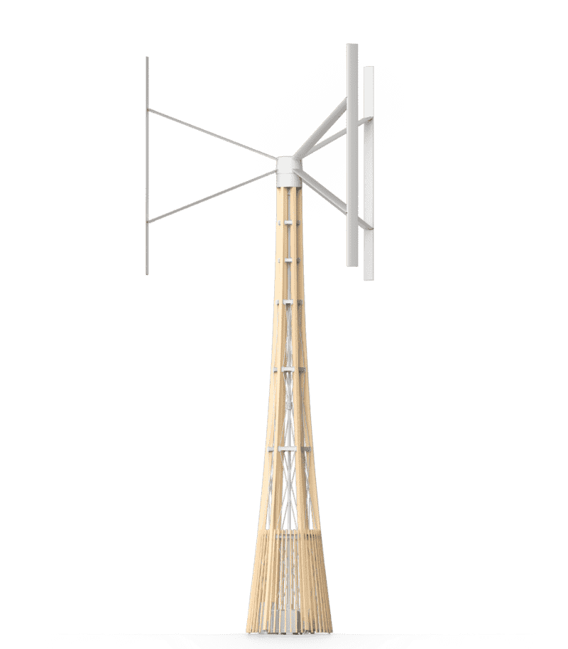 Vertical axis wind turbine using aerodynamic lift to induce rotary motion to generate energy as an alternative power source.