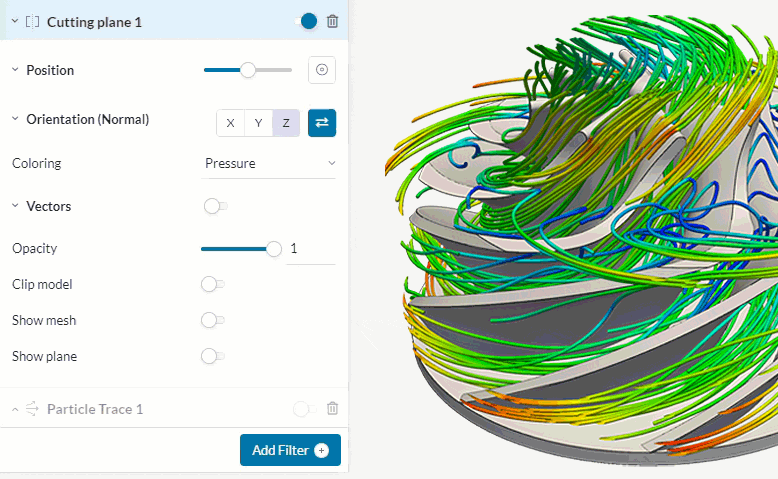 Detail of Simscales UI showing intuitive, easy to use menus and navigation. RHS of image show results of aCFD simulation of a turbine impeller. 
