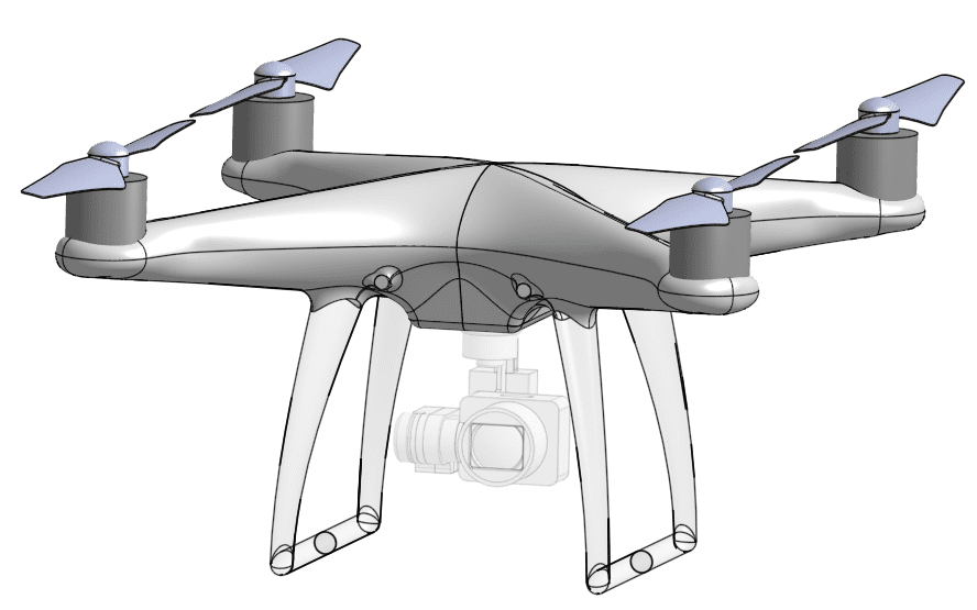 CAD model of a quadcopter drone ready for simulation