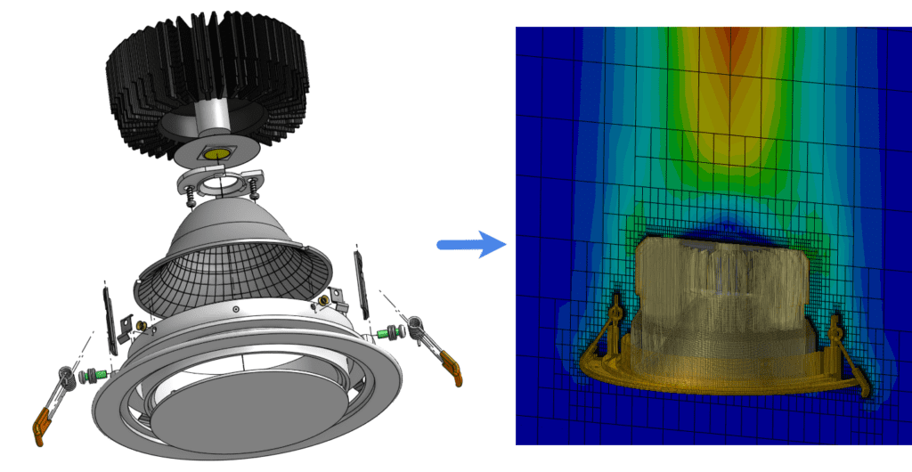 Detailed CAD model of an LED lamp. Right: The Cartesian mesh of the LED lamp and of the surrounding fluid for a conjugate heat transfer simulation