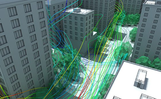 Rendered image of velocity streamlines through an urban CAD model for wind comfort analysis. Trees are modeled for their impact on wind speeds