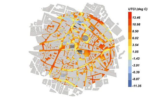 Outdoor thermal comfort analysis using a dedicated workflow from SimScale. The image shows the Universal Thermal Comfort Index (UTCI) for London