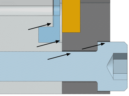 Detailed view of a cross-section around the fasteners and gasket. The gaps must be defeatured when using body-fitted meshing. In IBM, no defeaturing or CAD clean-up is required