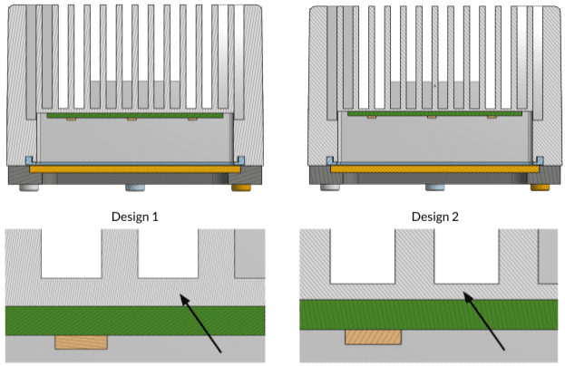 Considered design alternatives. The heat sink base plate thickness in Design 2 is reduced from 1.92 mm to 1.0 mm. Otherwise both designs are identical