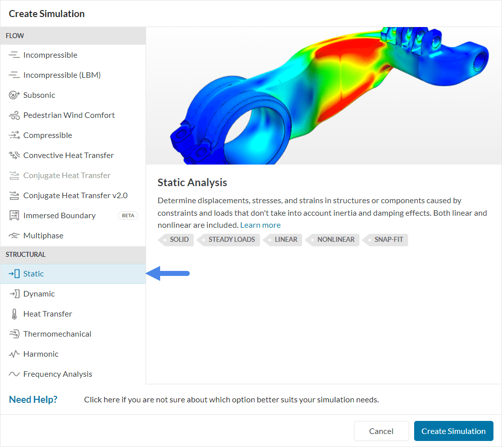 simscale simulation library showing selection for statlic simulation