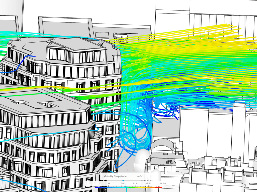 SimScale virtual wind tunnel simulation of a new building project in London. Colored streamlines show an incident wind from the right.