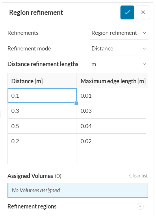 mesh region refinement settings using distance refinement mode