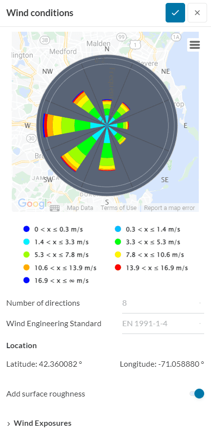 automated wind condition set up showing ui for wind directions & magnitude