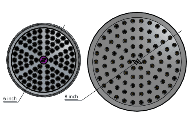 Comparison of the original SparkPod 6 inch diameter shower head with the new 8 inch diameter version