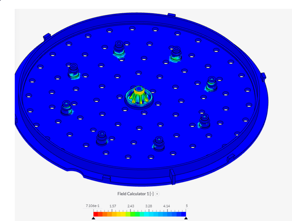 structural factor of safety simulation results on the 8 inch shower head with 8 welding poles.