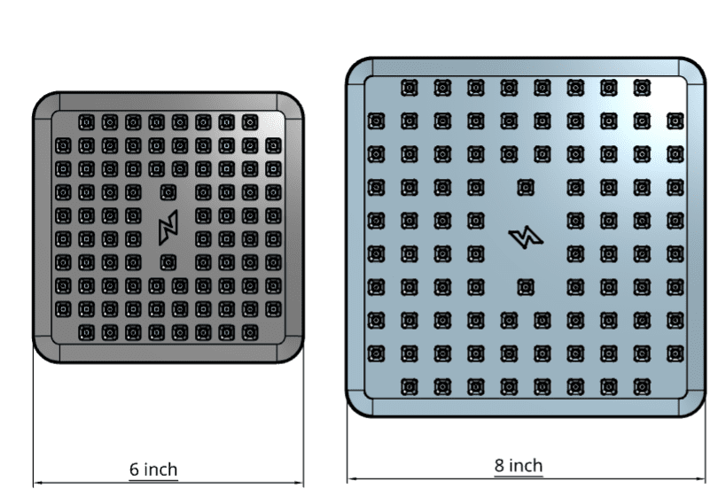 Comparison of the SparkPod 6 inch and 8 inch square shower heads. 
