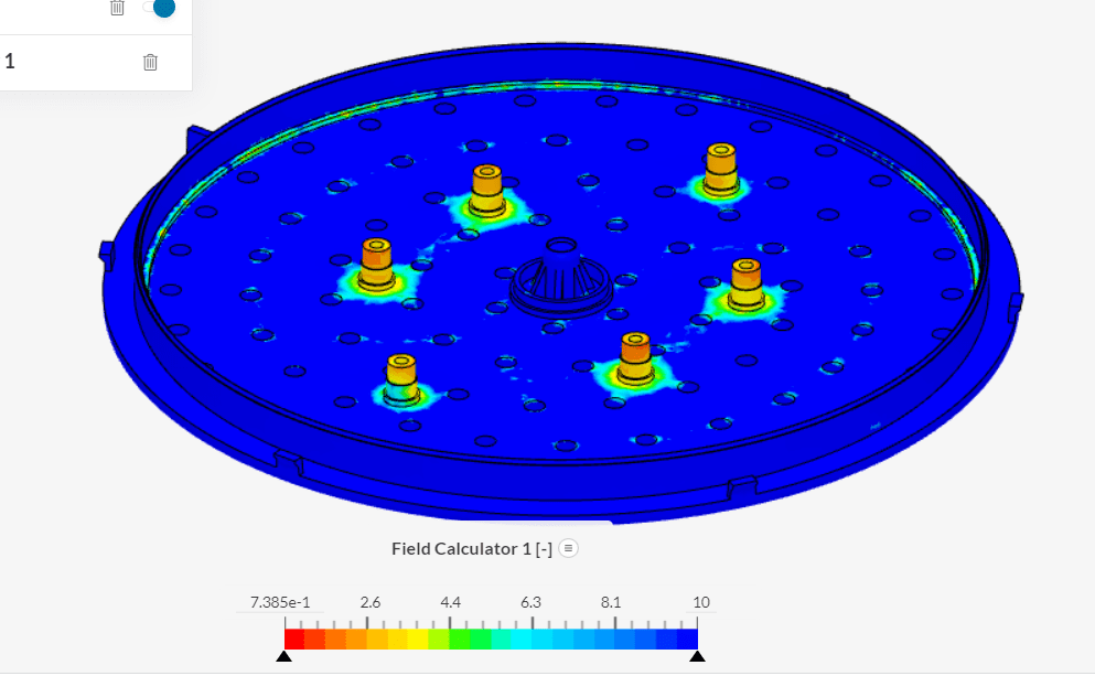 Structural factor of safety simulation results on the 8 inch shower head with 6 welding poles. 
