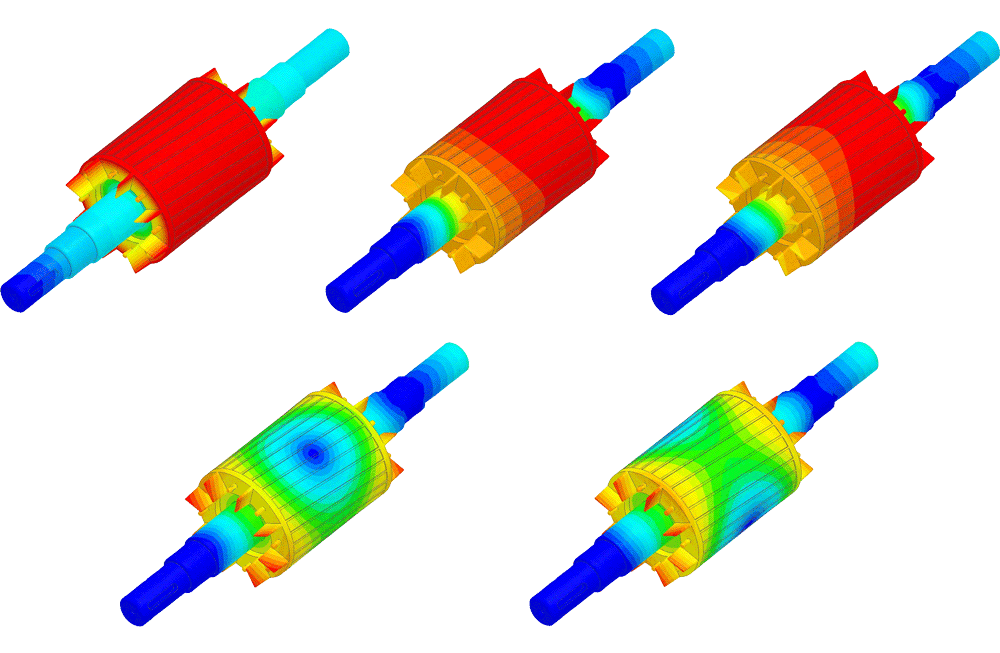 Each of the five animations of the rotor of an electric motor shown corresponds to the first five modes of the rotor analysis