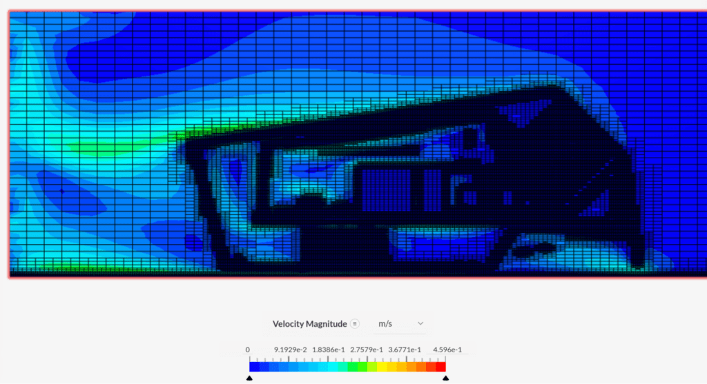 Detail of Simscale IBM CFD simulation showing the IBM mesh and air velocity contours