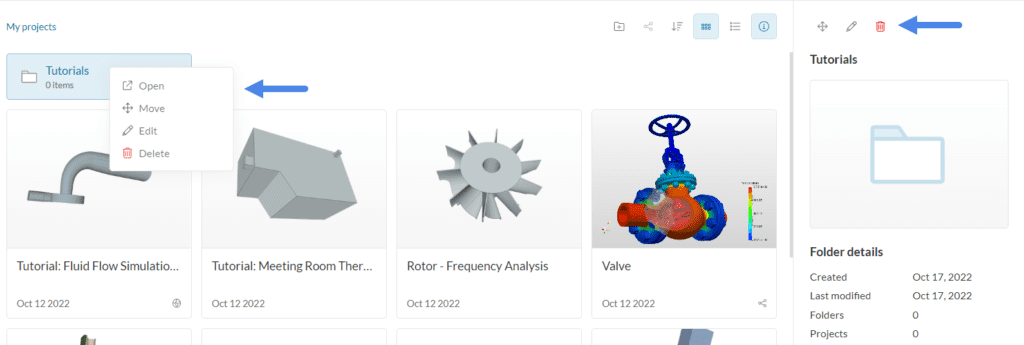 operations with folders in simscale dashboard