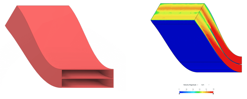 cad model and simulated air flow of modified duct design