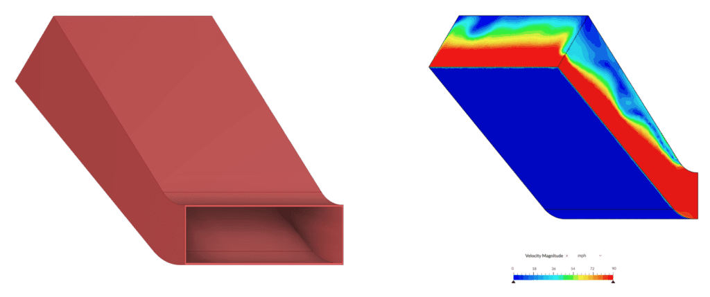 cad model and simulated air flow of original duct design