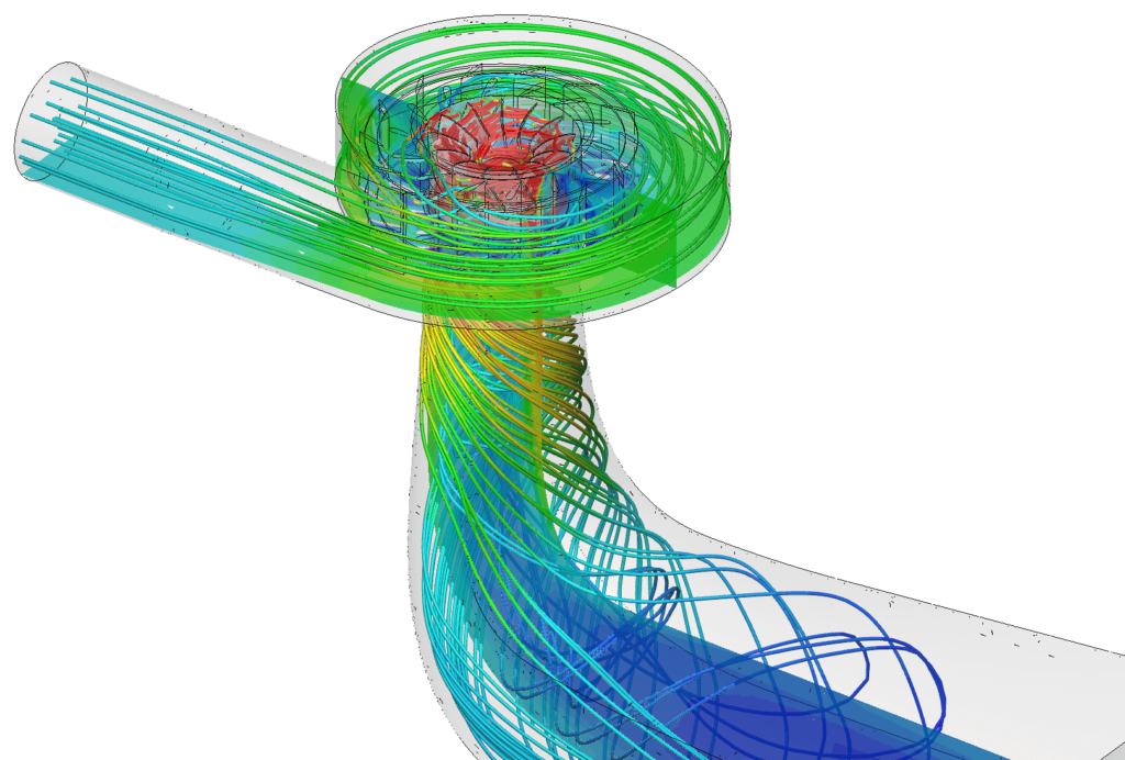 CFD flow streamlines inside a turbine