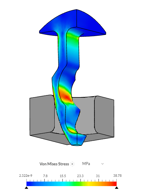 Von Mises stress results for the simulation of a plastic fastener rendered in the SimScale post-processing environment.
