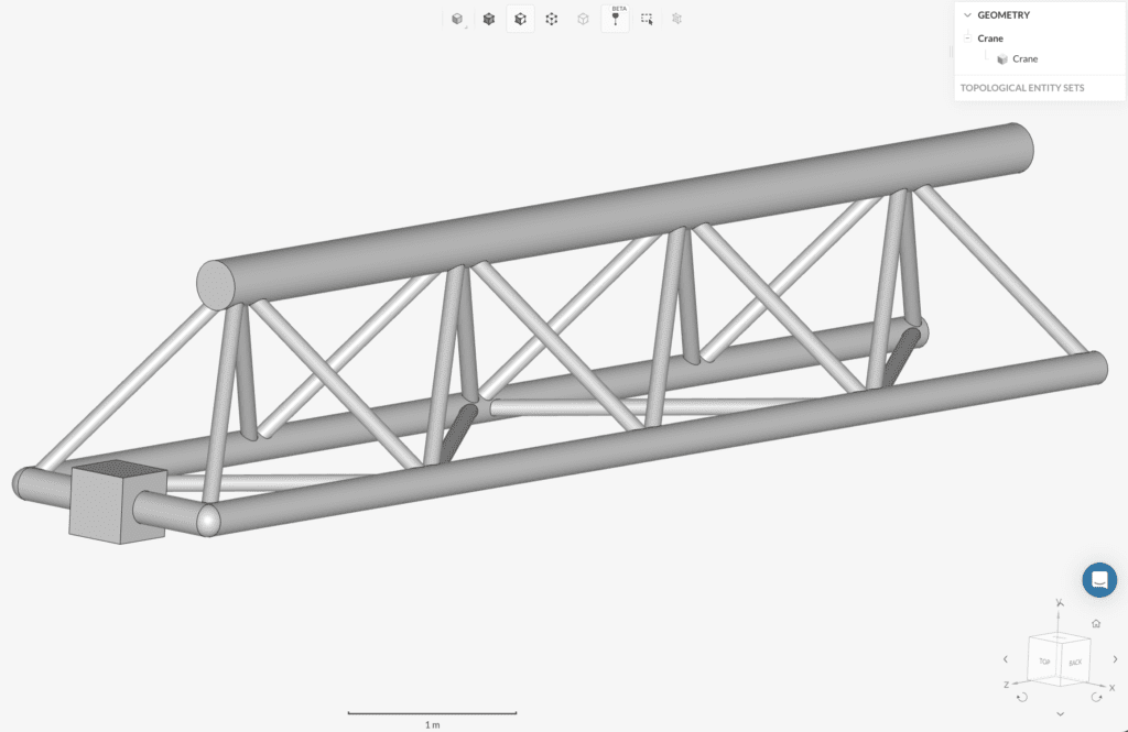 A CAD model of a crane consisting of one solid shown in the topological entity tree at the top right