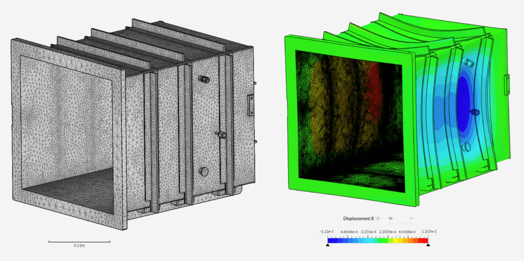 The meshed CAD model and deformation analysis of a plasma cleaner's vacuum chamber from Samco