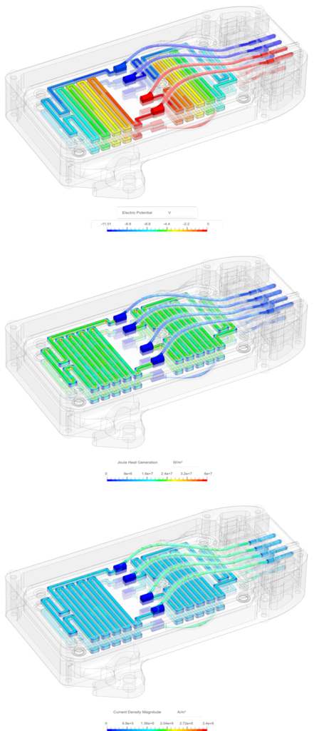Three images of Joule heating simulation in SimScale, showing the electric potential (top), generated heat (middle), and current density magnitude (bottom) on the resistor