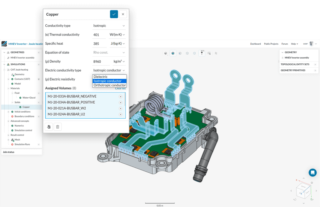 The new Joule heating interface and dialog box for defining materials in SimScale