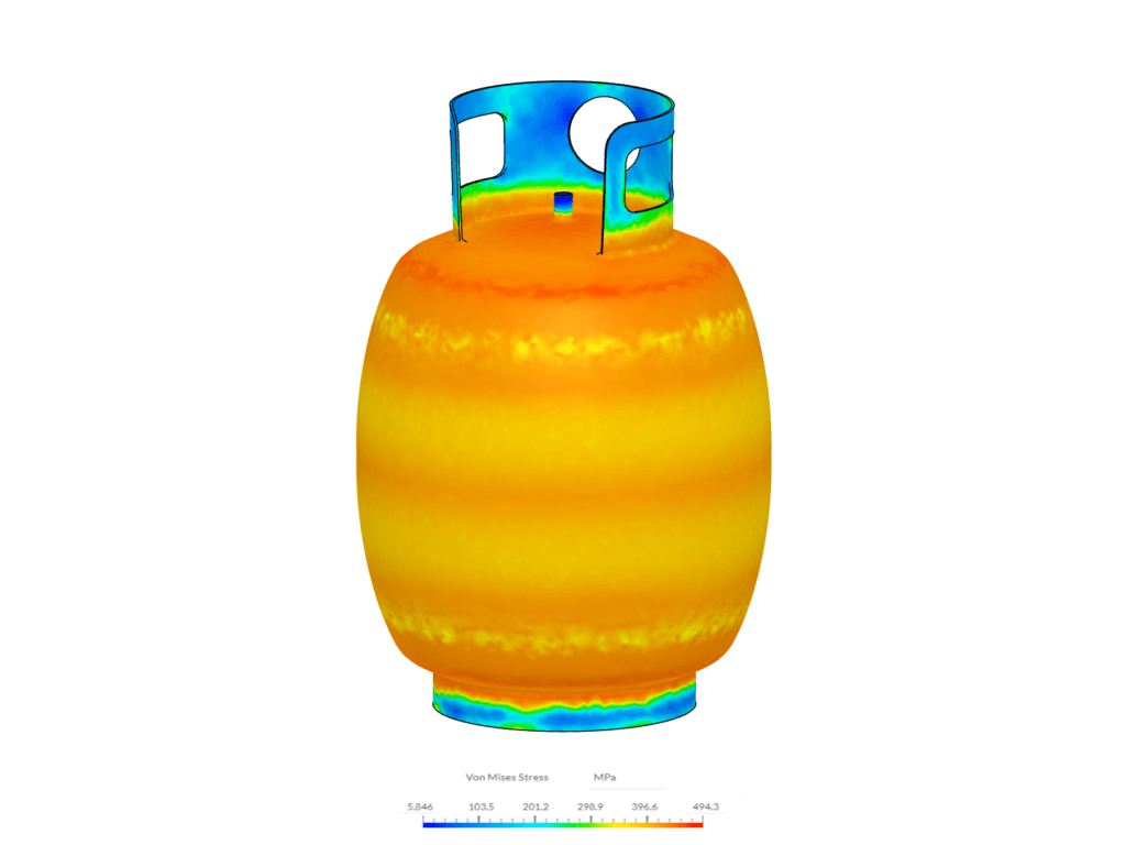 FEA simulation of von mises stress on a gas tank under pressure