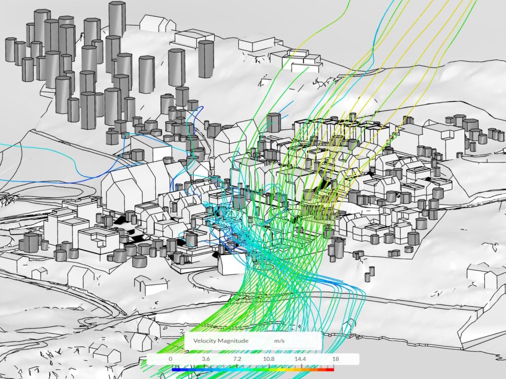 wind velocity streamlines through the housing development