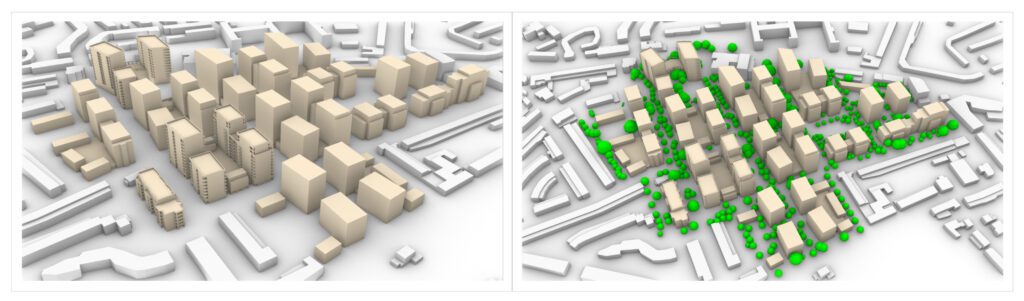 proposed development with and without trees as wind mitigtation