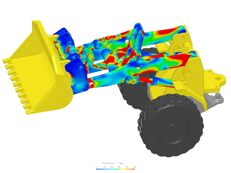 Simulation image of a static structural analysis of a wheel loader arm