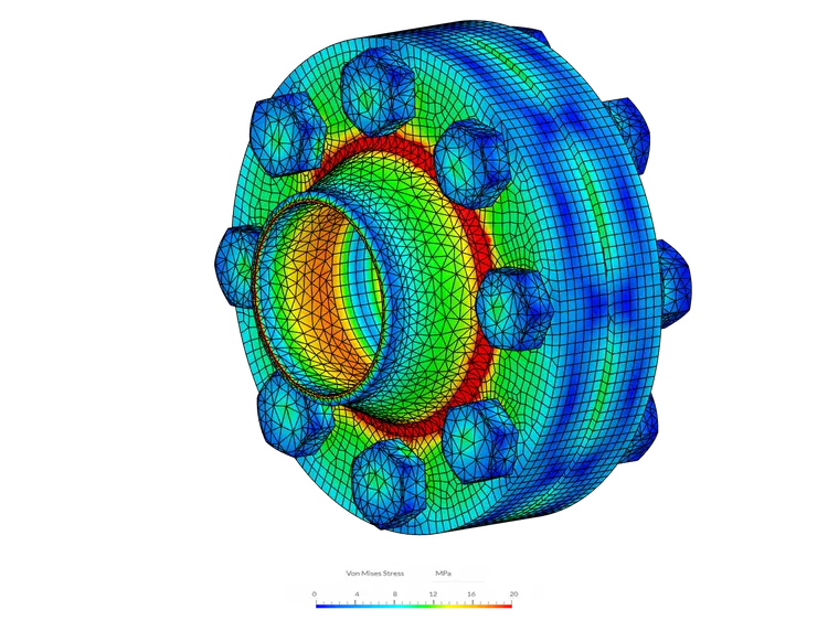 Simulation image of a bolted flange with a sweep mesh showing stress distribution under load