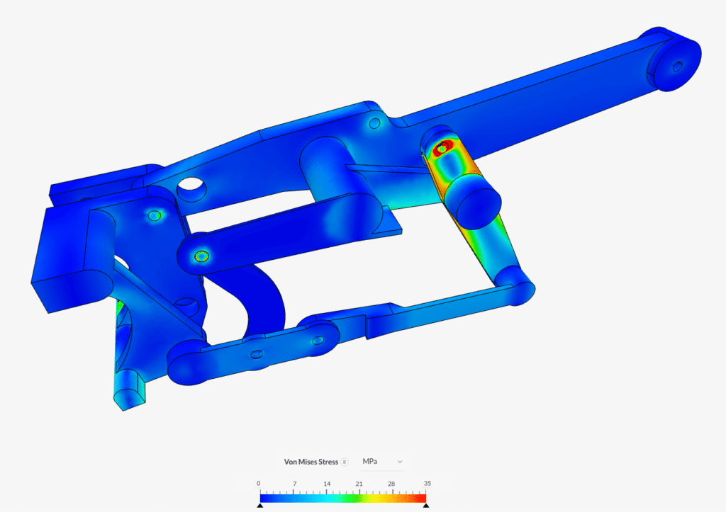 Stress distribution in a wheel loader arm (right view)