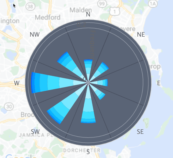 A map of Boston from Google Maps, overlaid with an ERA5T wind rose. This shows the prevailing wind directions, intensity and regularity.