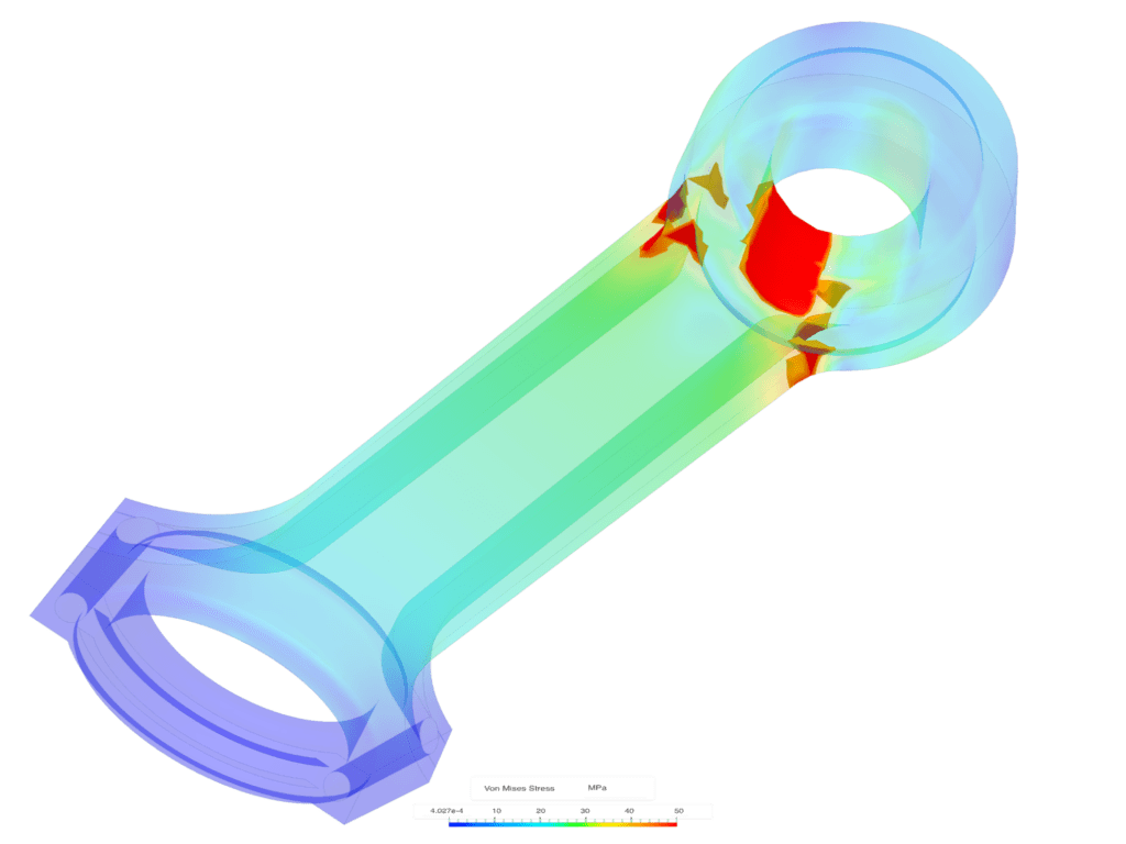 A simulation result of static structural analysis and von Mises stress field of a steel connecting rod