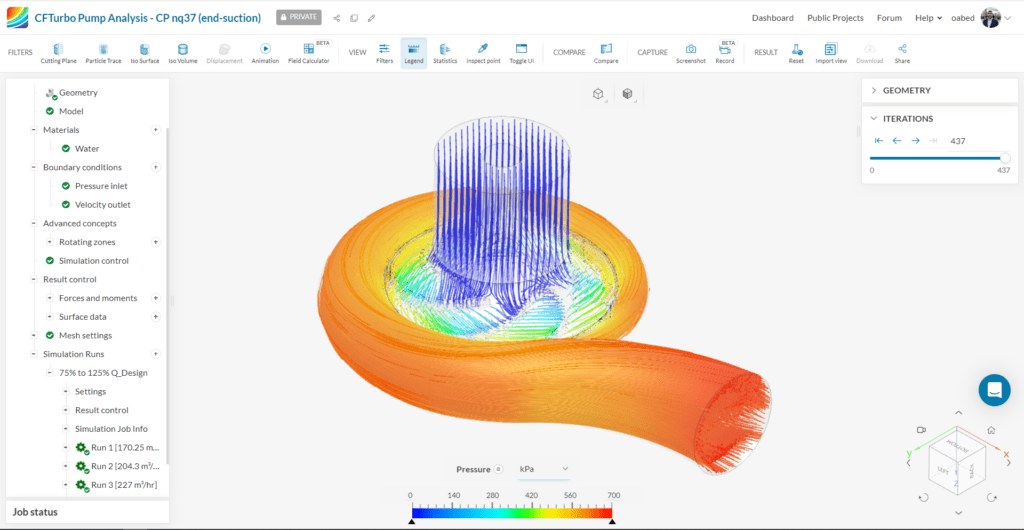 A pressure visualization through a centrifugal pump in the SimScale workbench to display turbomachinery modeling