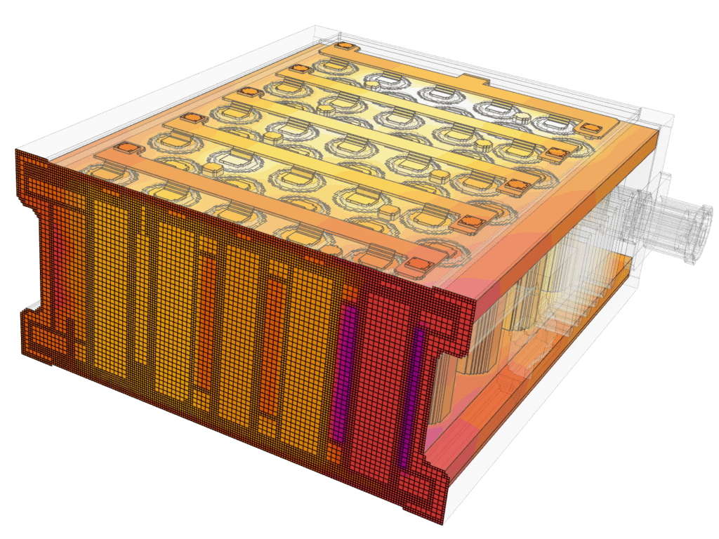 A left-view close-up of the cartesian grid generated using the immersed boundary method overlaid with the temperature scale