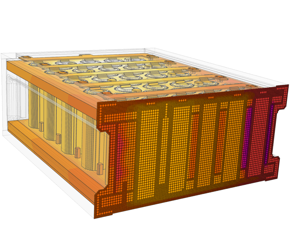 A right-view close-up of the cartesian grid generated using the immersed boundary method overlaid with the temperature scale