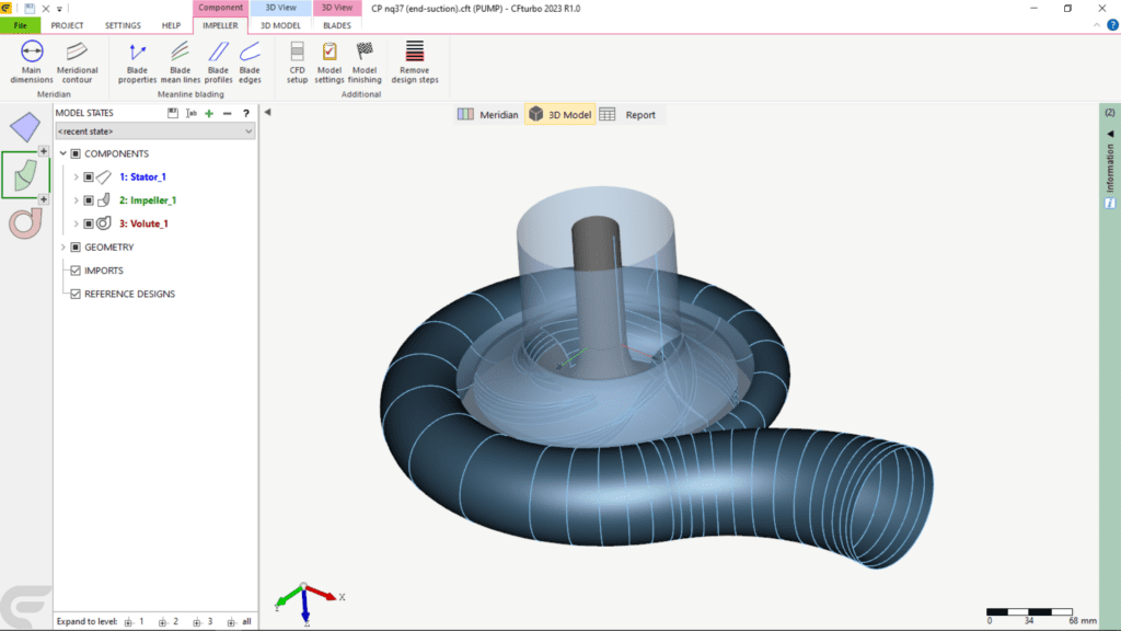 3D CAD model of the centrifugal pump in CFturbo, which is then exported to SimScale. 