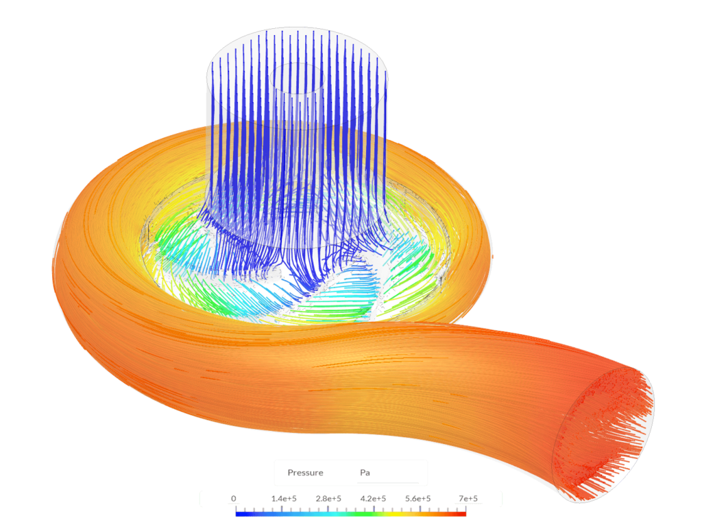 Pressure visualization through a centrifugal pump using SimScale simulation for turbomachinery modeling