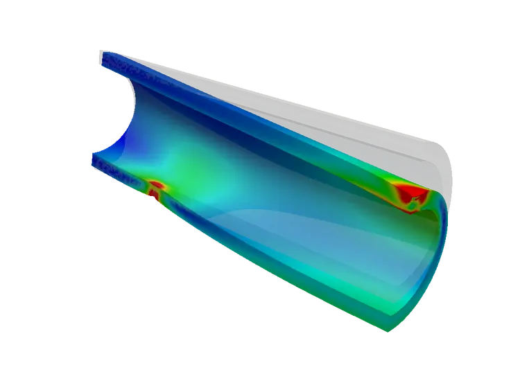 SimScale FEA result with von-Mises stress distribution in a pipe's longitudinal cross-section