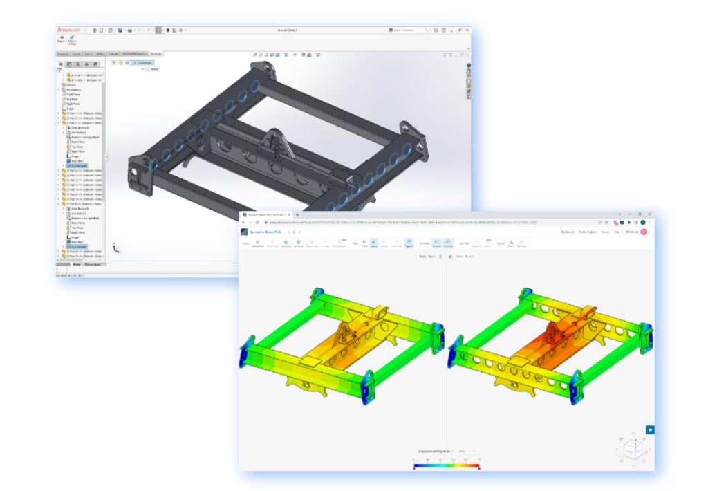 Two windows showing SOLIDWORKS workbench and SimScale workbench to illustrate the proven workflow