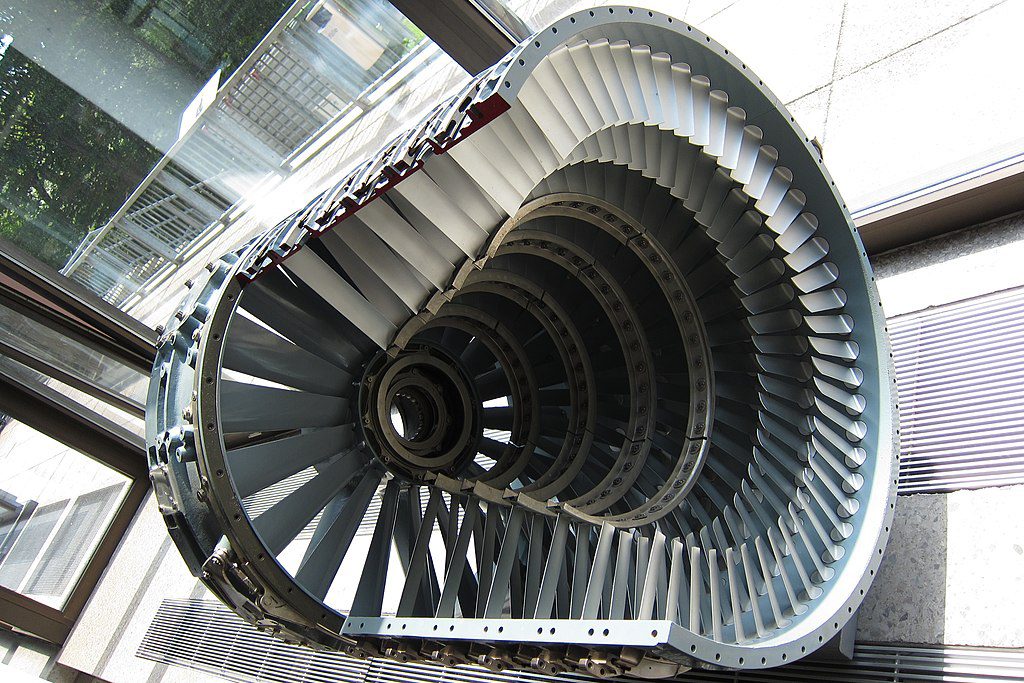 A cut-out case of a low-pressure compressor from a General Electric J79 turbojet engine