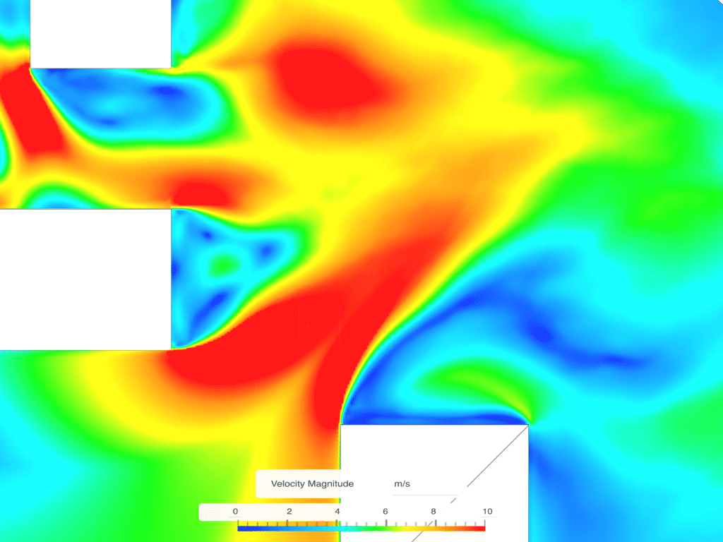 Wind speed results from a CFD analysis showing the channeling effect for an improved design with bevel