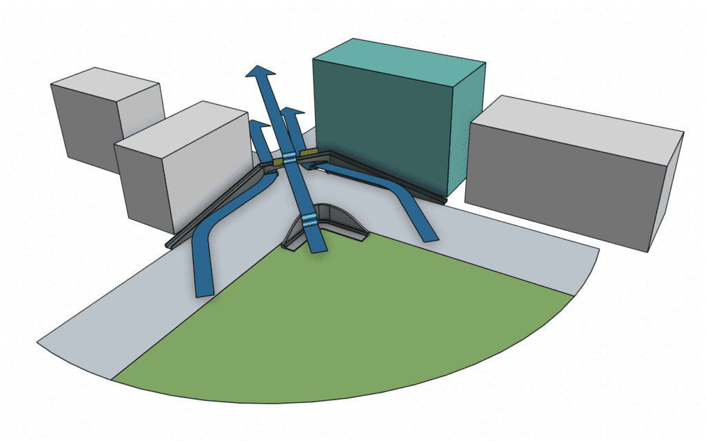 3D schematic of a modified site layout with street furniture and structures